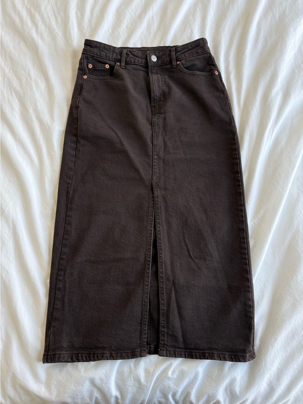 dark brown denim maxi skirt
